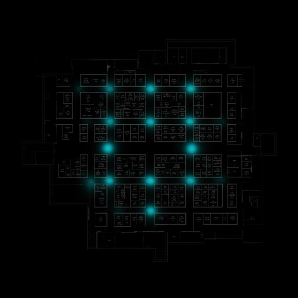 Top-down exhibition floor heatmap with cyan high-traffic nodes