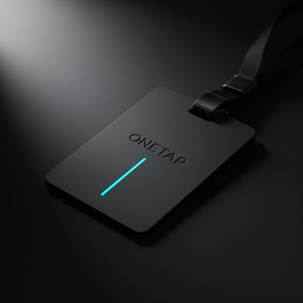 Matte black OneTap NFC smart badge on dark surface